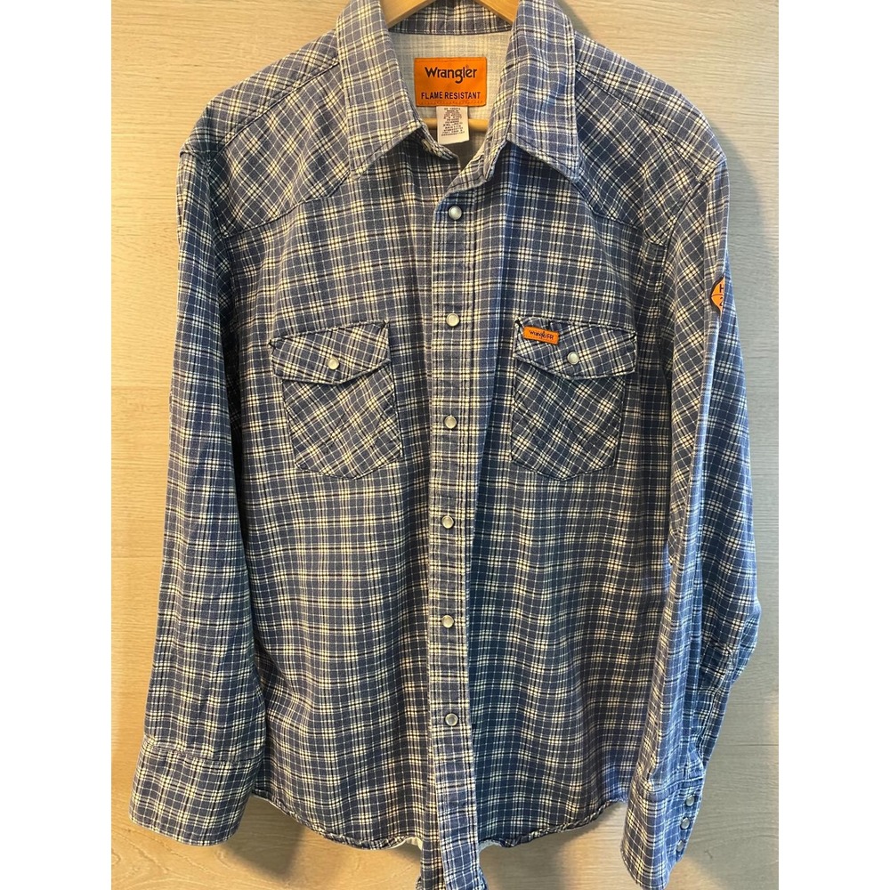 Wrangler FR Flame Resistant Plaid Pearl Snap Long Sleeve Shirt Blue Men's XXL